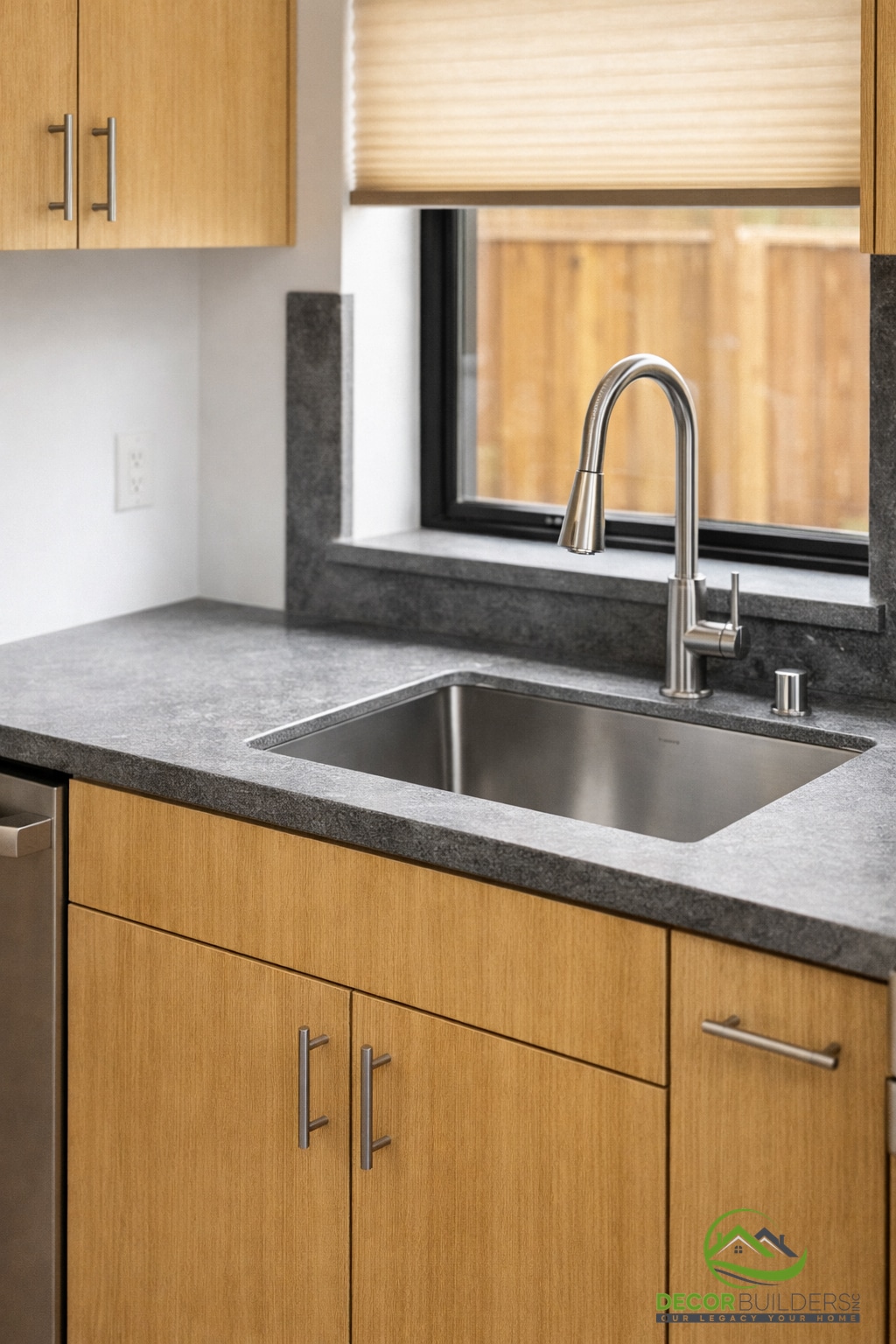 Custom home kitchen with stone countertops and modern sink in Sunnyvale CA