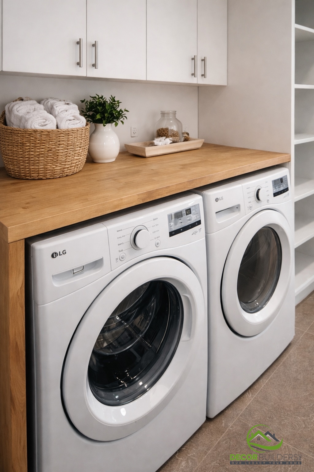 Custom home laundry room with front-load washer, dryer, and butcher block countertop in Sunnyvale C