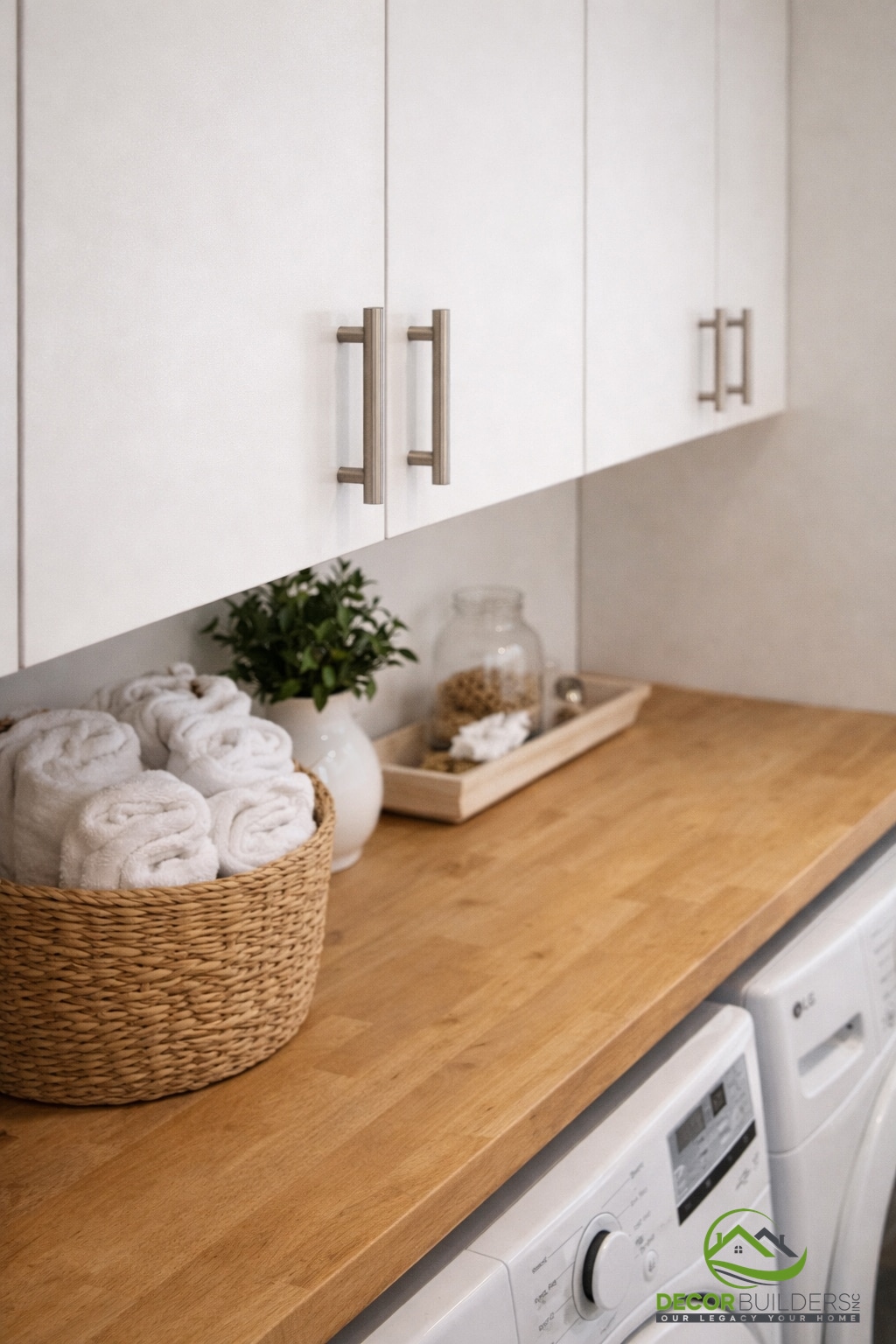 Home remodel laundry area with butcher block surface and built-in cabinetry in Sunnyvale, CA