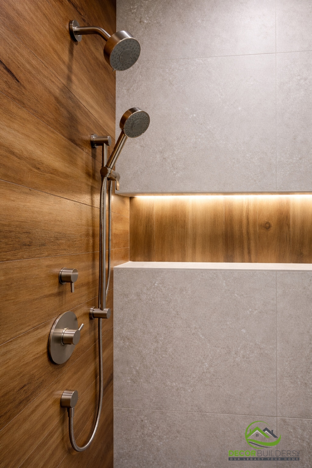 Bathroom remodel walk-in shower with wood accent wall and LED lighting in Sunnyvale CA