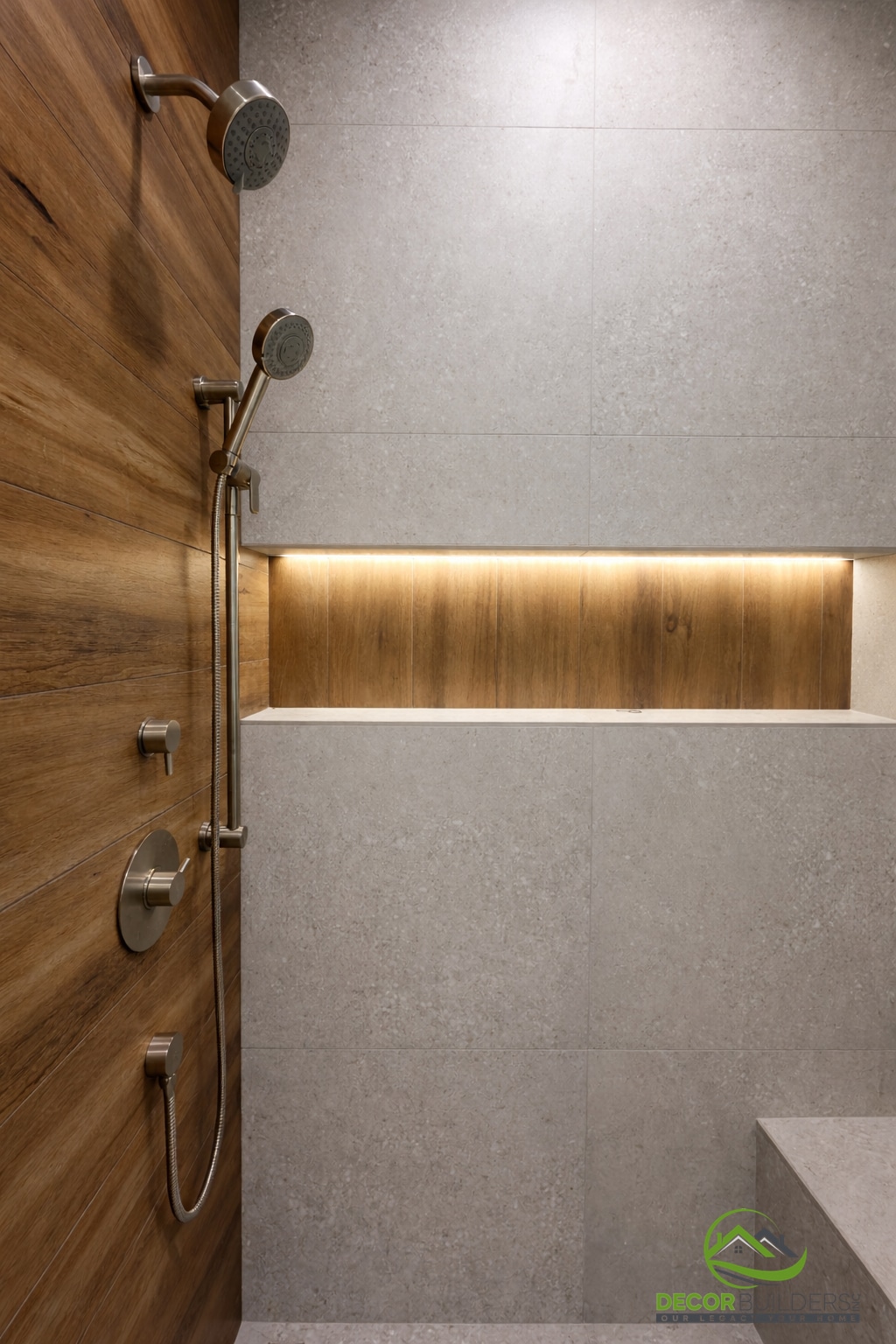 Home remodel shower with wood accent wall, LED-lit shelf niche, and gray stone tile in Sunnyvale CA