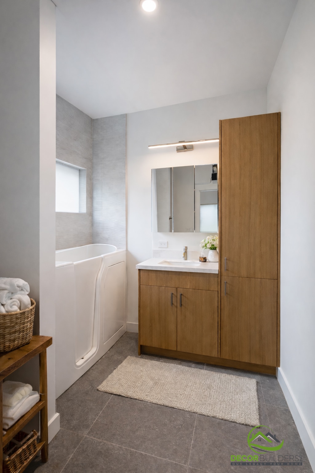 Home renovation bathroom with accessible soaking tub, wood vanity tower, and gray tile floor in Sunnyvale CA