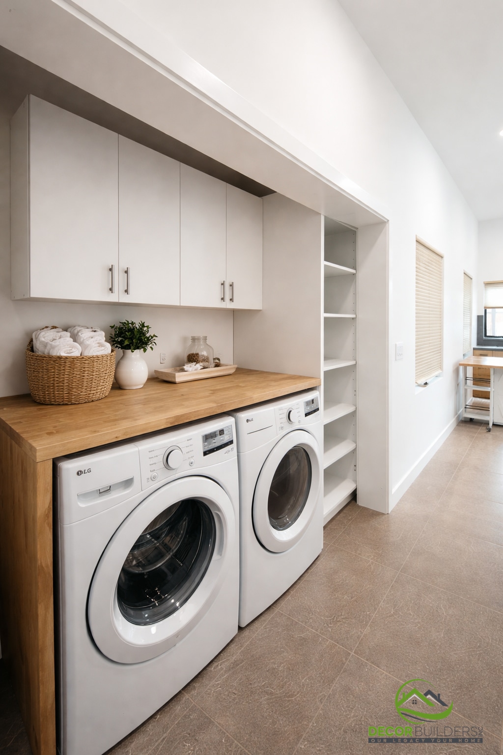 Custom home laundry area with side-by-side appliances, wood countertop, and built-in shelving in Sunnyvale CA