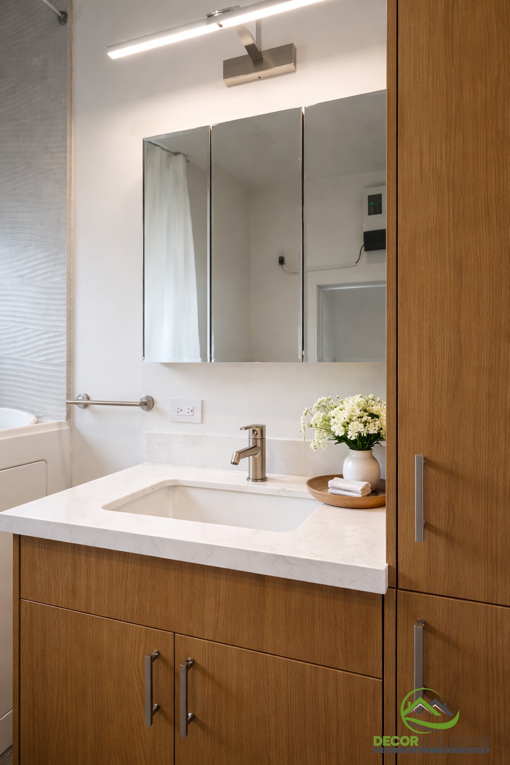 Custom bathroom vanity with quartz countertop, brushed nickel faucet, and wood storage tower, Sunnyvale CA