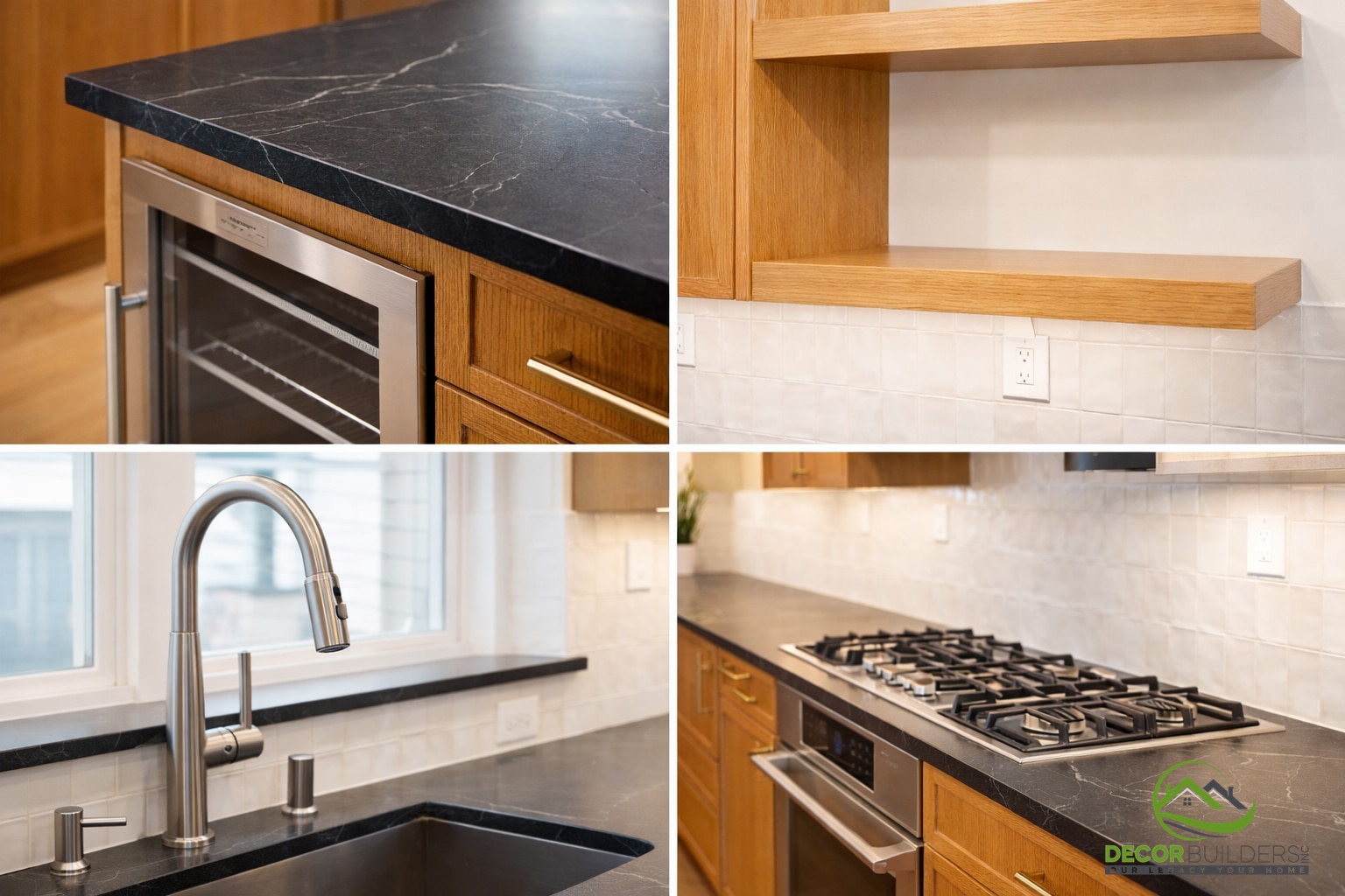 Kitchen remodel close-up of a stainless steel sink with brushed nickel faucet and dark granite countertop with wood cabinetry in Palo Alto