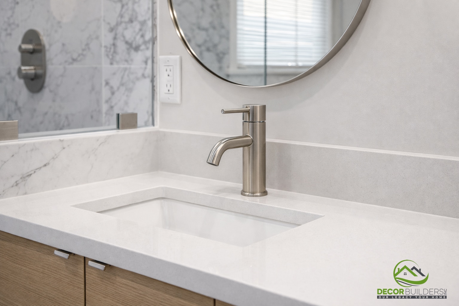 Bathroom remodel with a single undermount sink, white countertop, round mirror, and marble tile walls in Palo Alto