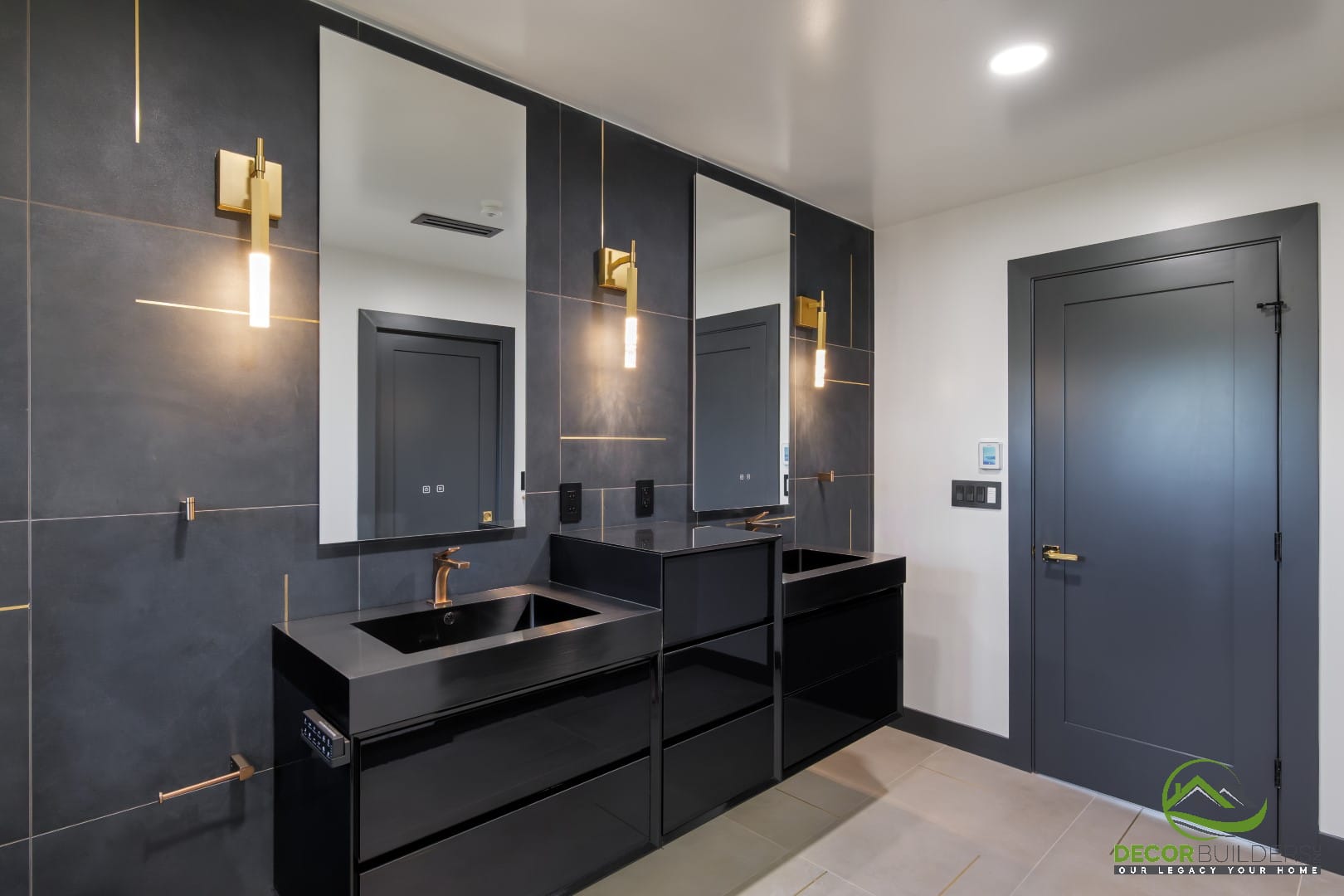 Double black vanity with large mirrors and brass sconce lighting, part of a bathroom remodel in Campbell, CA