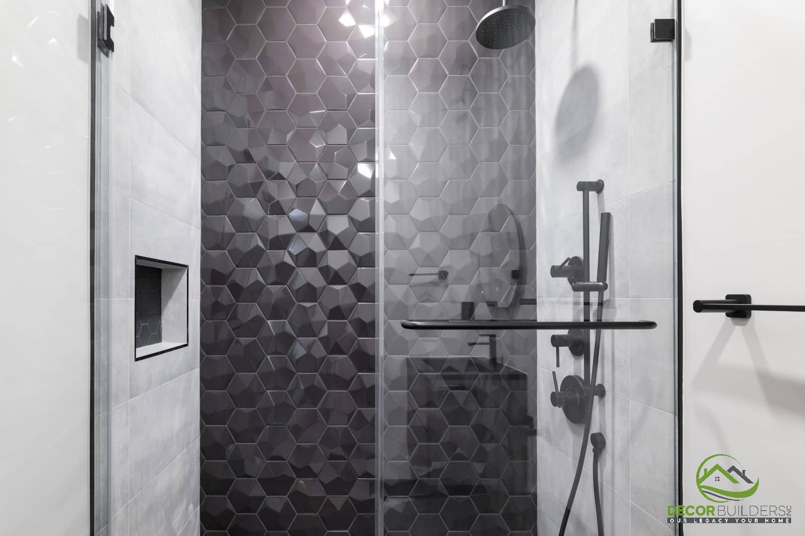 Walk-in shower with hexagon tile and glass enclosure, part of a bathroom remodel in Campbell, CA