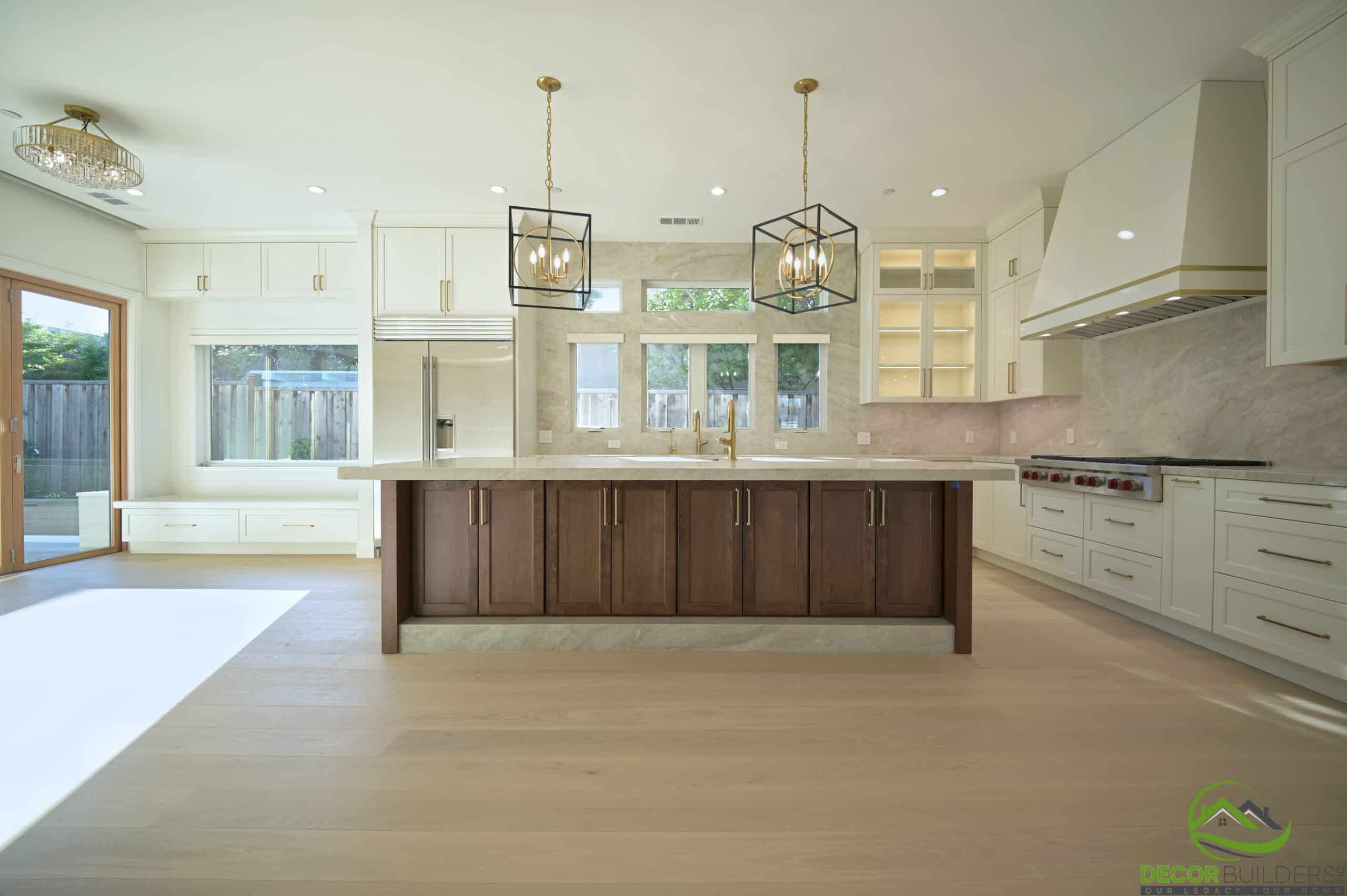 Remodeled kitchen featuring a large wood island and pendant lighting, an example of custom kitchen remodeling in Cupertino, CA