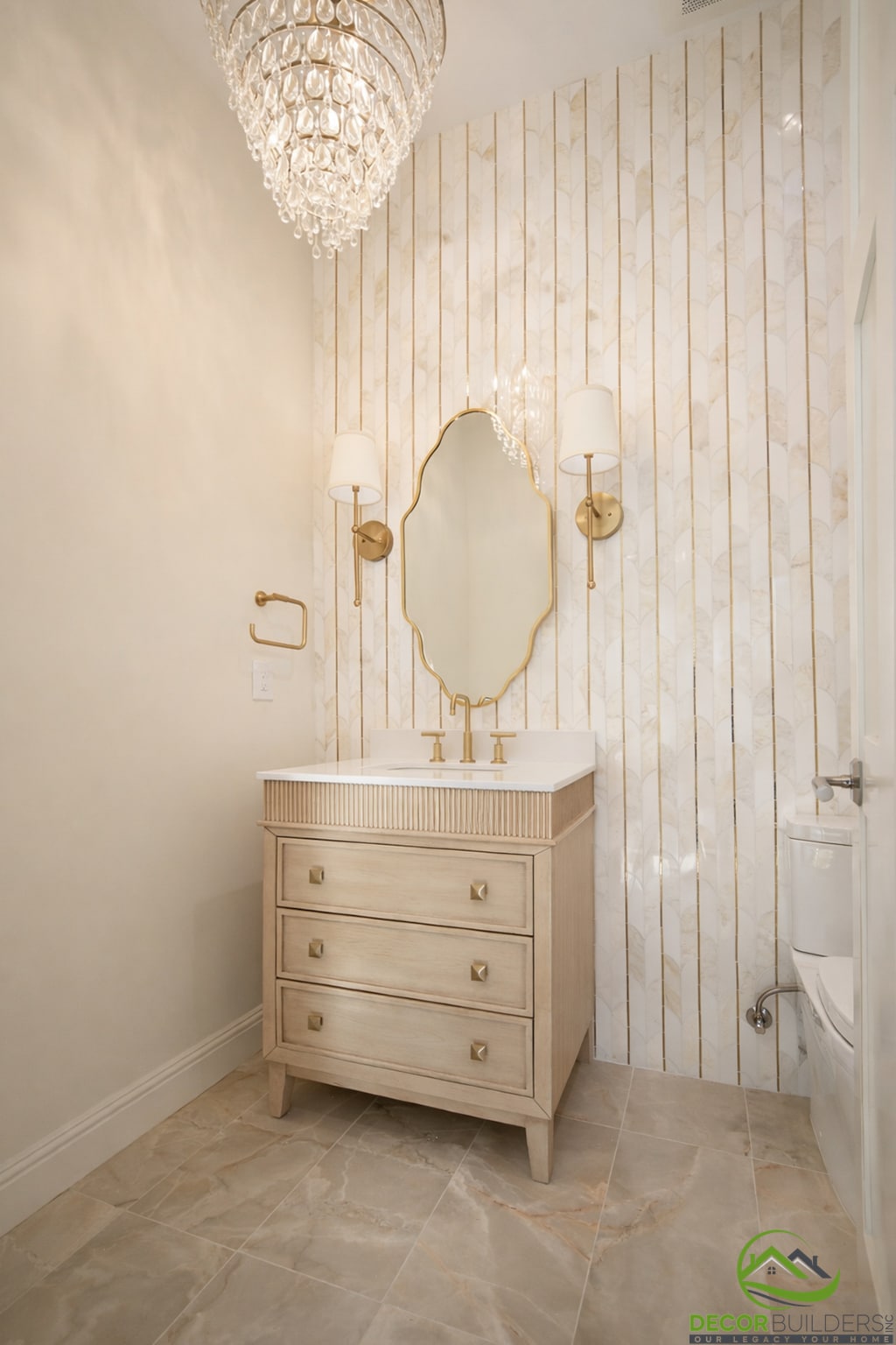 Bathroom vanity with dresser-style cabinetry and oval mirror, part of a bathroom remodel in Cupertino, CA
