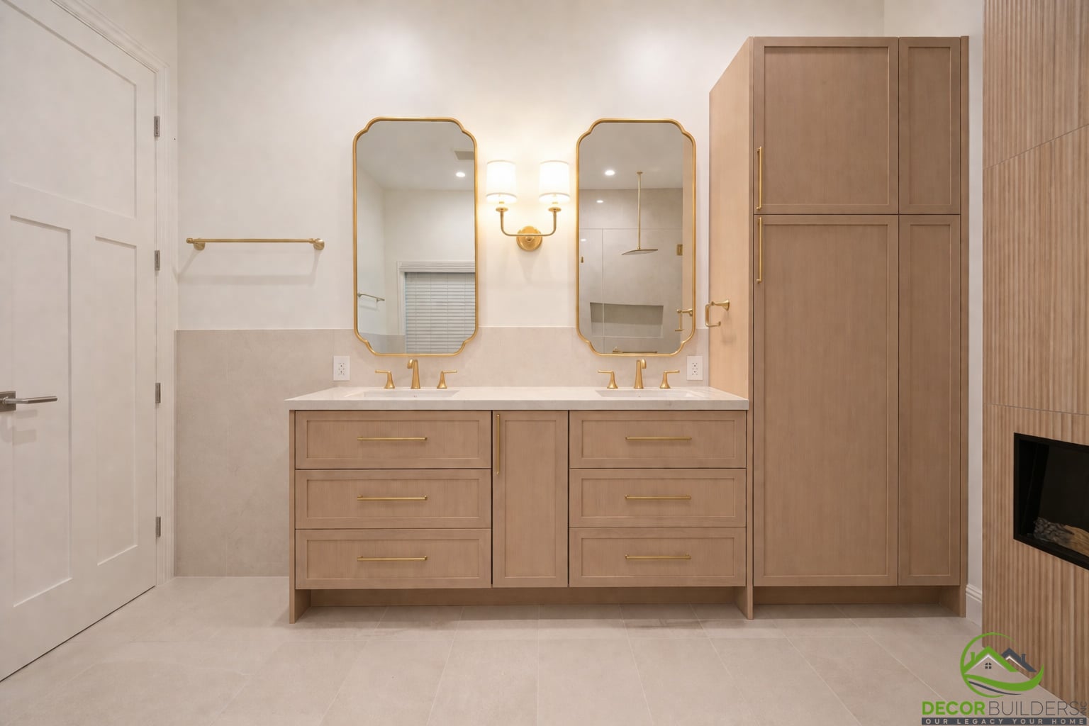 Double vanity bathroom with wood cabinetry and mirrors, an example of bathroom remodeling in Cupertino, CA