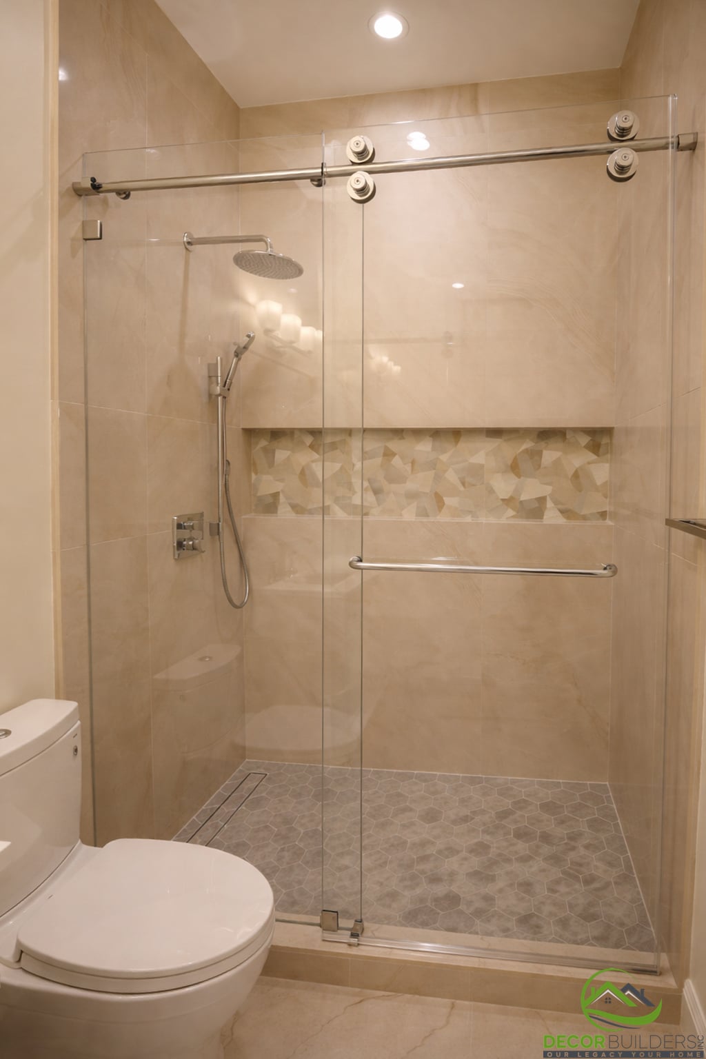 Glass-enclosed shower with decorative tile accent, completed during a bathroom remodel in Cupertino, CA