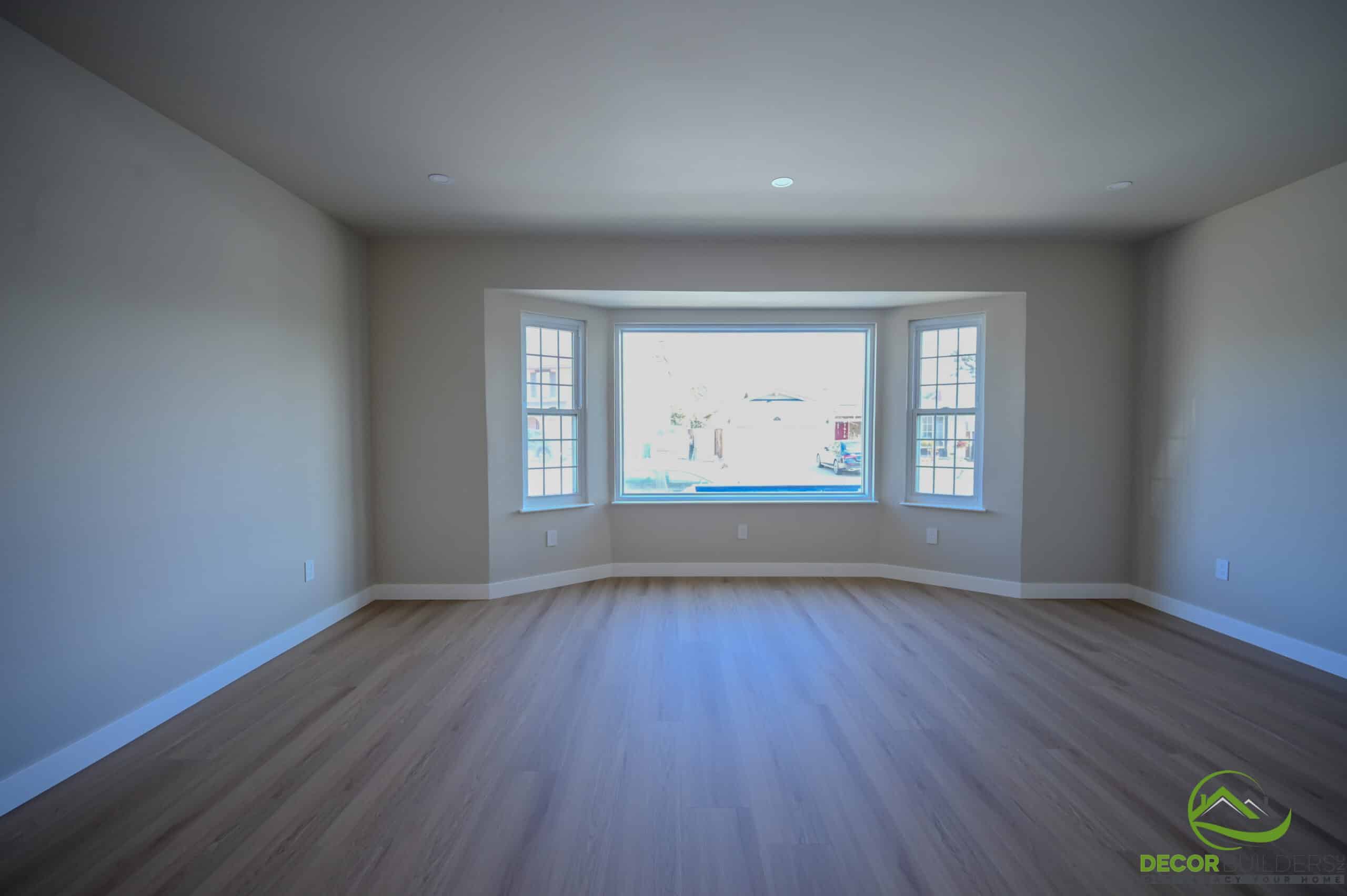 Building a custom home bedroom with bay window and hardwood floors, Foster City CA
