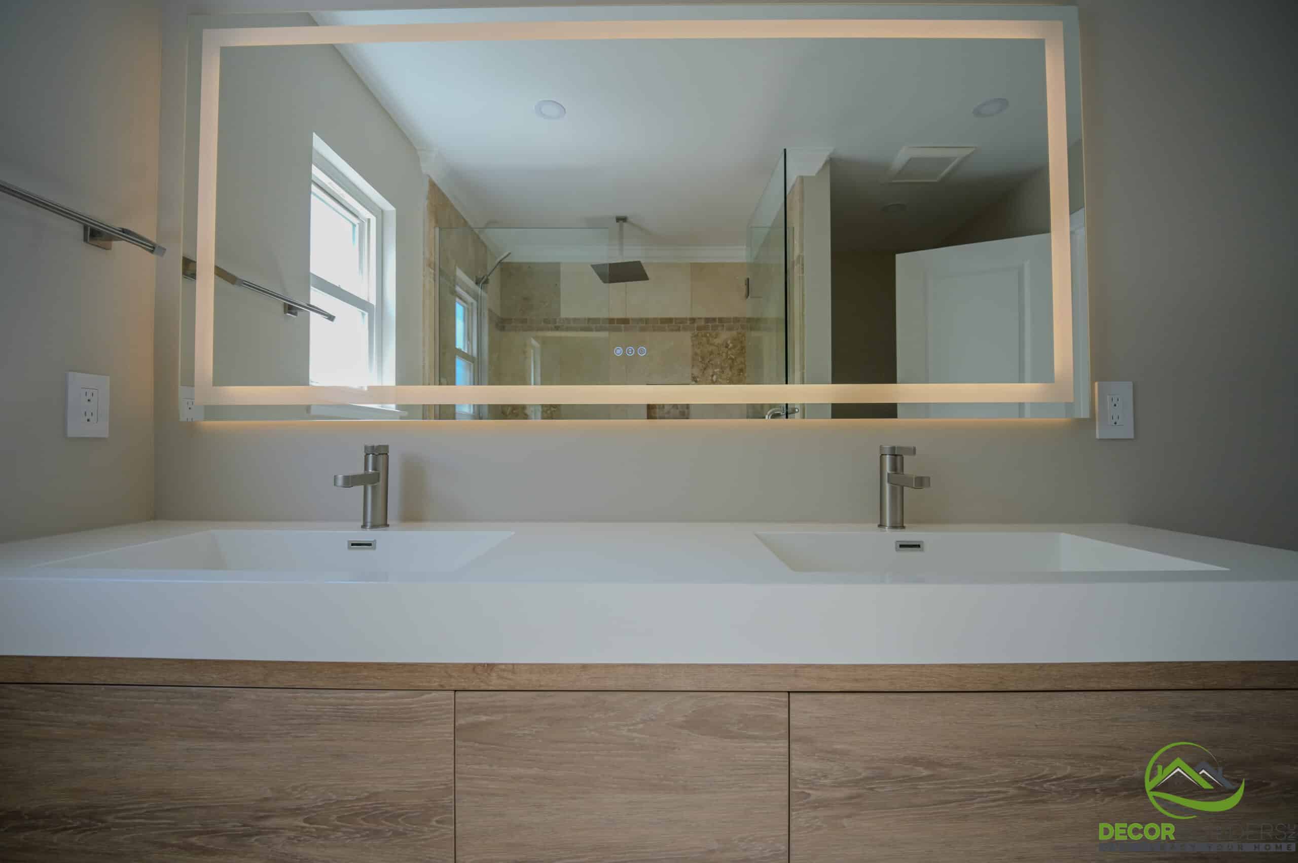 Bath remodel double undermount sink with brushed nickel faucets, wood floating vanity, and LED backlit mirror, Foster City CA