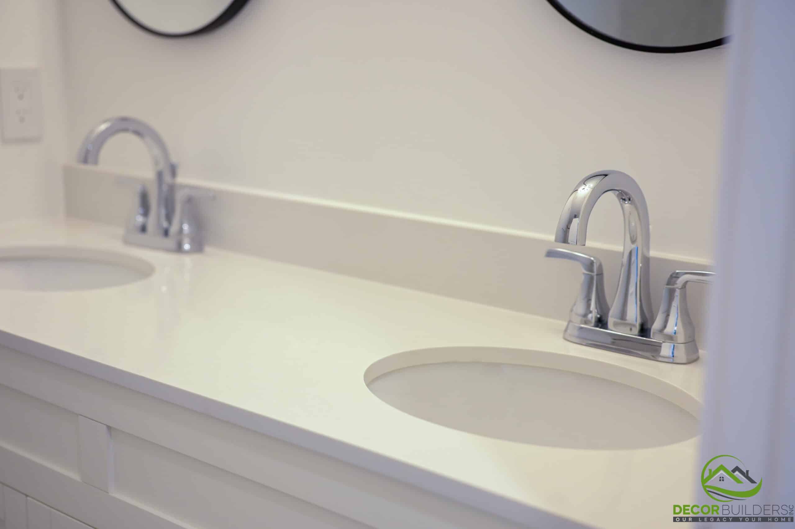 Bathroom remodel double undermount sink with chrome faucets and white quartz countertop, Foster City CA