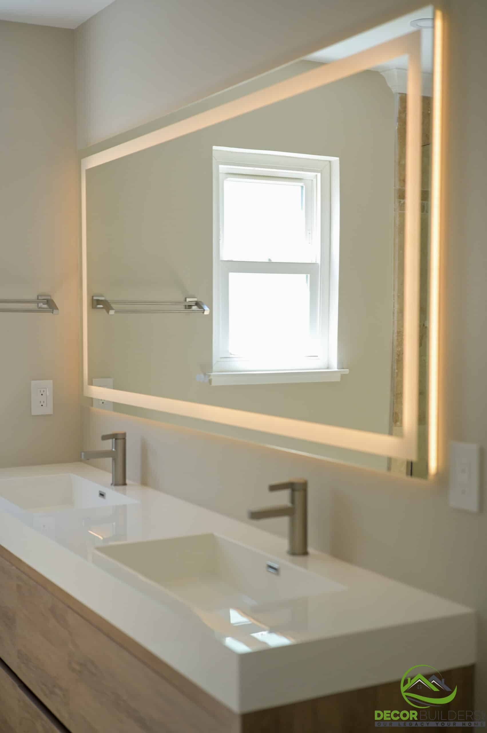 Bathroom renovation with double sink, wood floating vanity, and oversized LED backlit mirror, Foster City CA