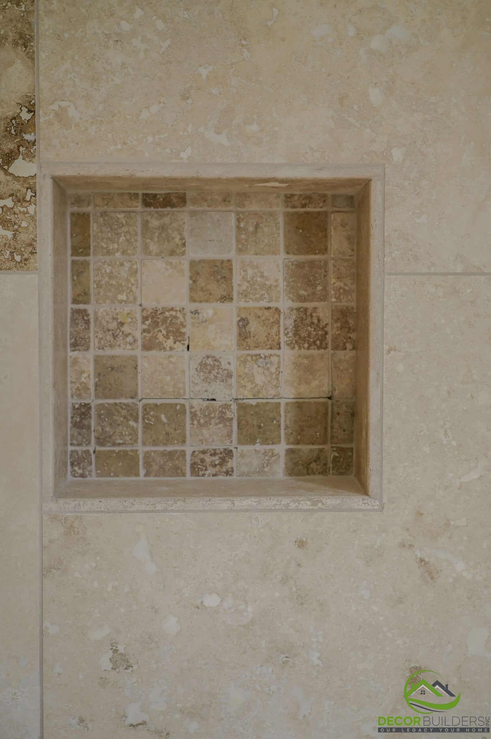 Bath remodel shower niche with natural travertine mosaic tile accent and stone surround, Foster City CA